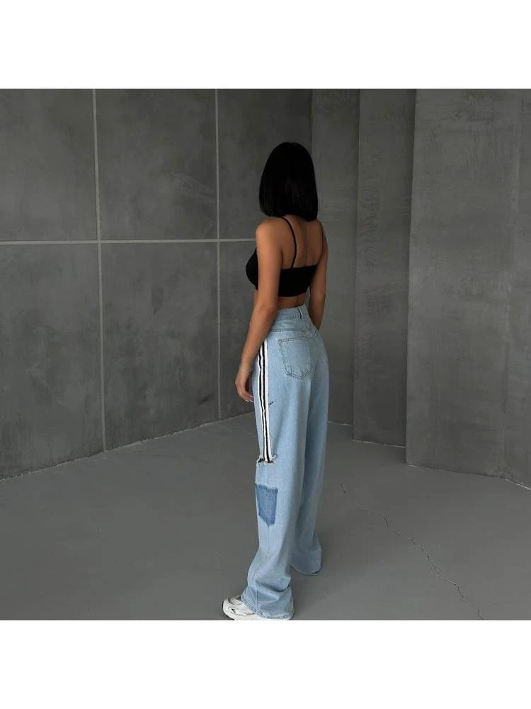 Patchwork Striped Straight Jeans - Image 5