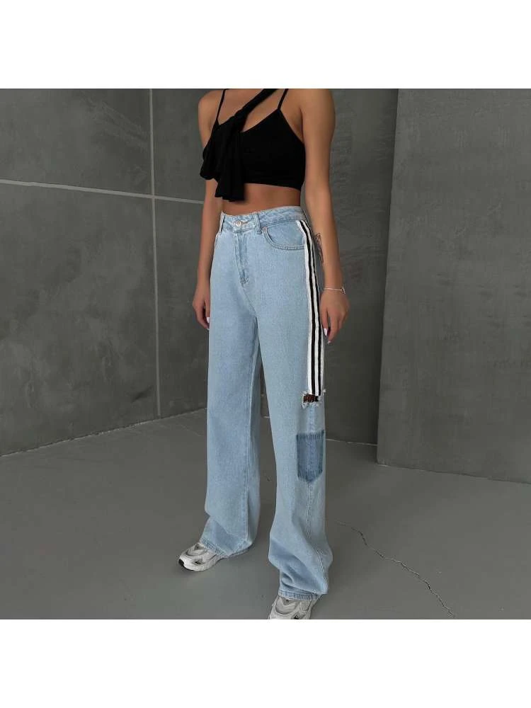 Patchwork Striped Straight Jeans - Image 6