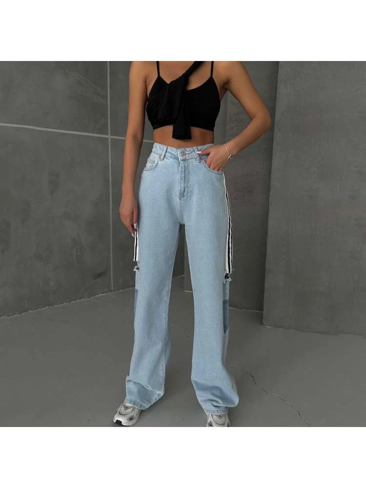 Patchwork Striped Straight Jeans - Image 7