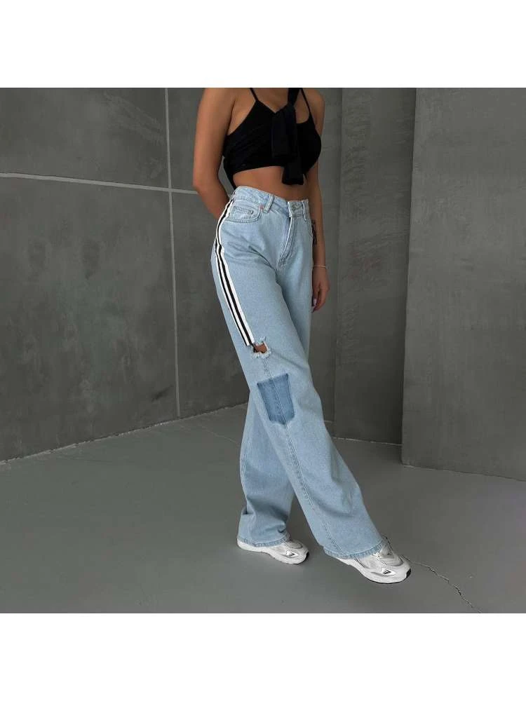 Patchwork Striped Straight Jeans - Image 8