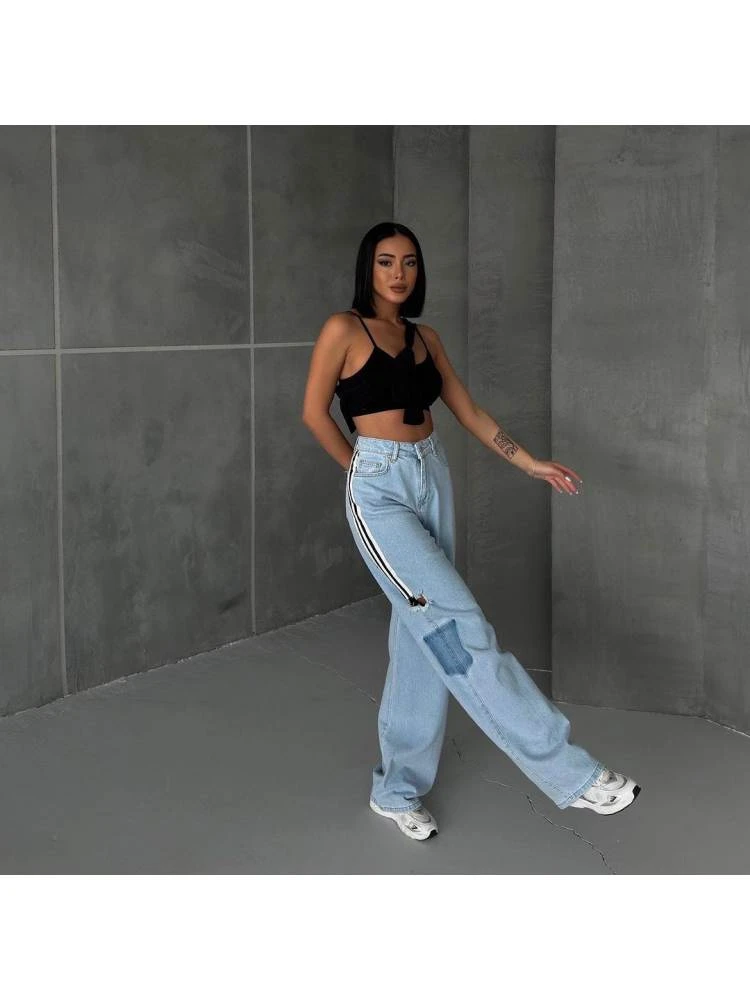 Patchwork Striped Straight Jeans - Image 9