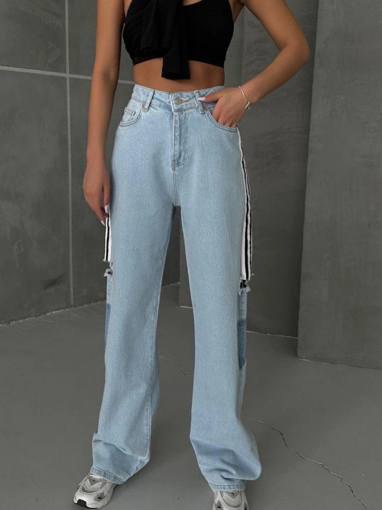 Patchwork Striped Straight Jeans - Image 10