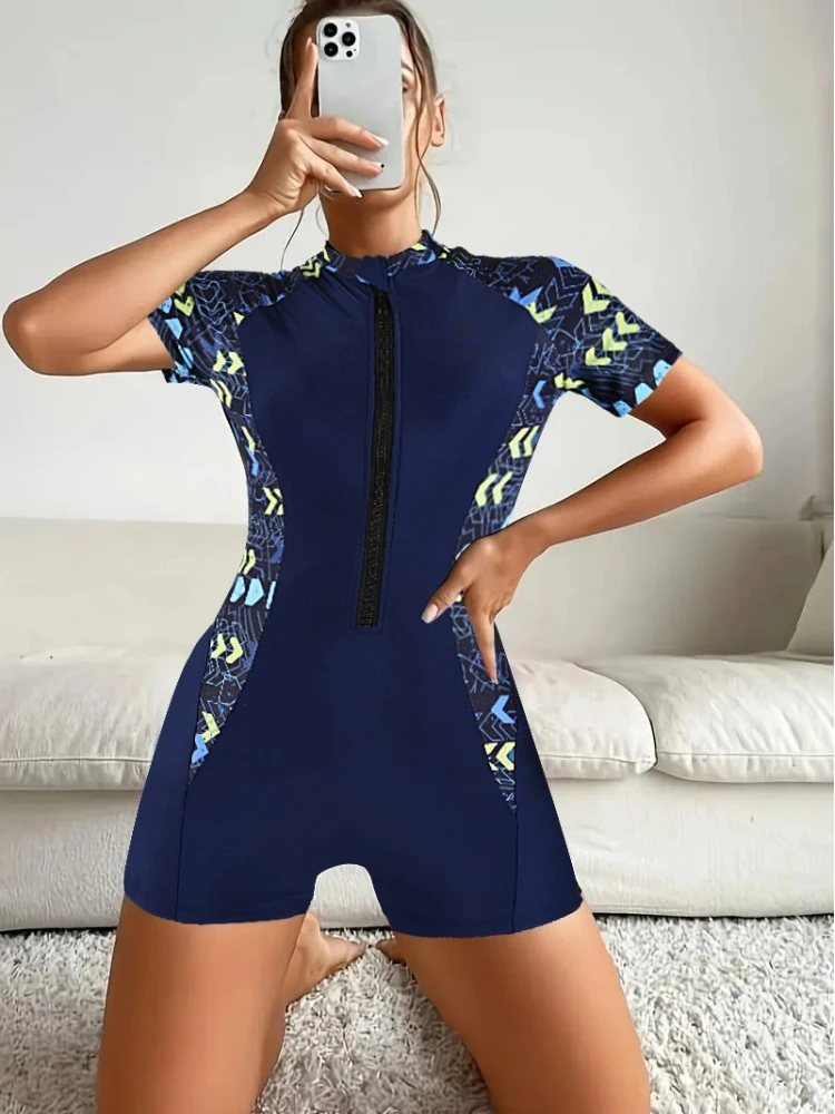 Crewneck Short Sleeve High Rise One-Pieces Swimwear