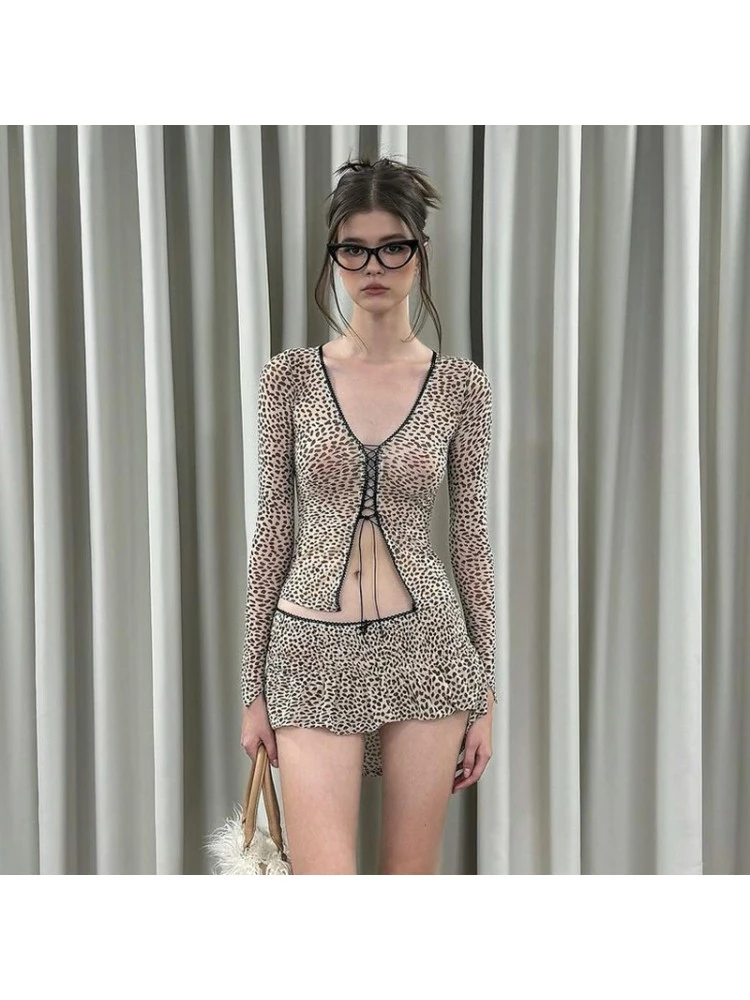 Print Tie-wrap Long Sleeve Skirt Sets