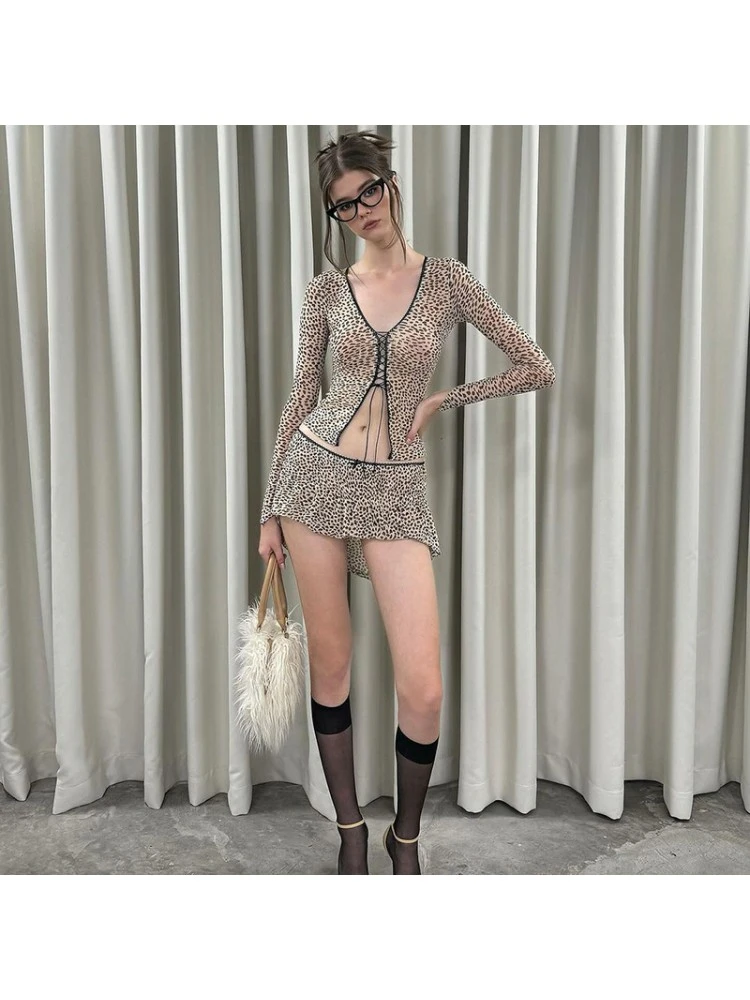 Print Tie-wrap Long Sleeve Skirt Sets - Image 2