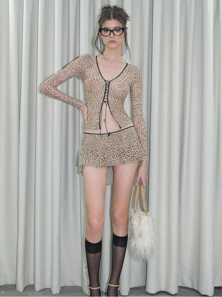 Print Tie-wrap Long Sleeve Skirt Sets - Image 8