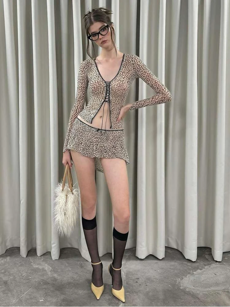 Print Tie-wrap Long Sleeve Skirt Sets - Image 10