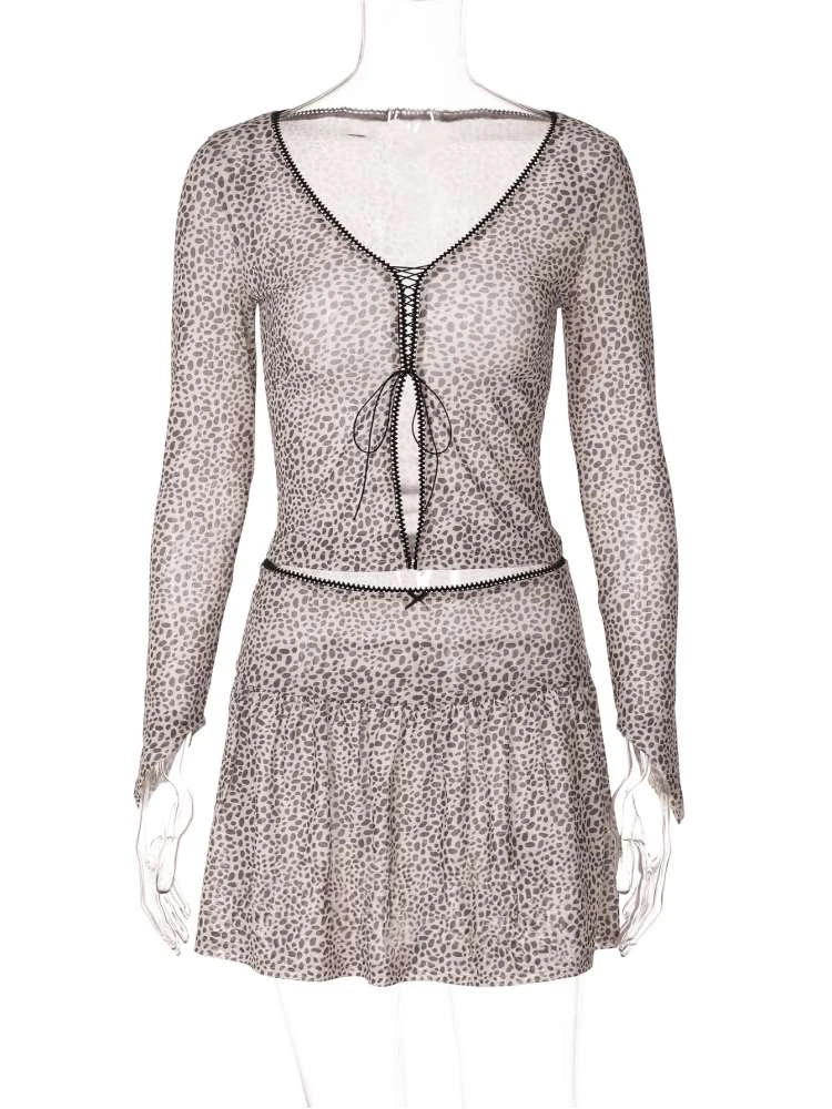 Print Tie-wrap Long Sleeve Skirt Sets - Image 12