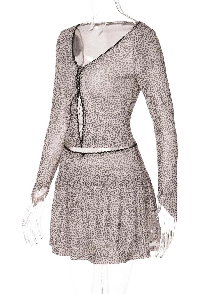 Print Tie-wrap Long Sleeve Skirt Sets - Image 13