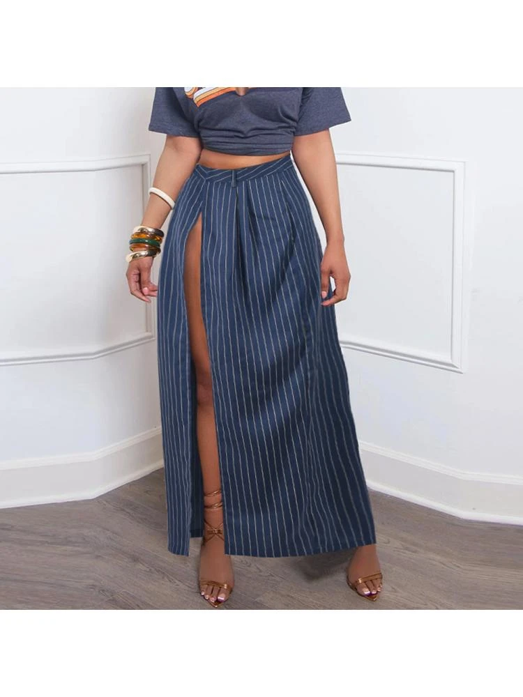 Woven Striped Split Hem Skirts