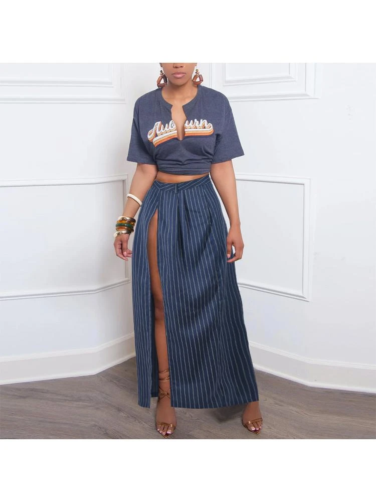 Woven Striped Split Hem Skirts - Image 2