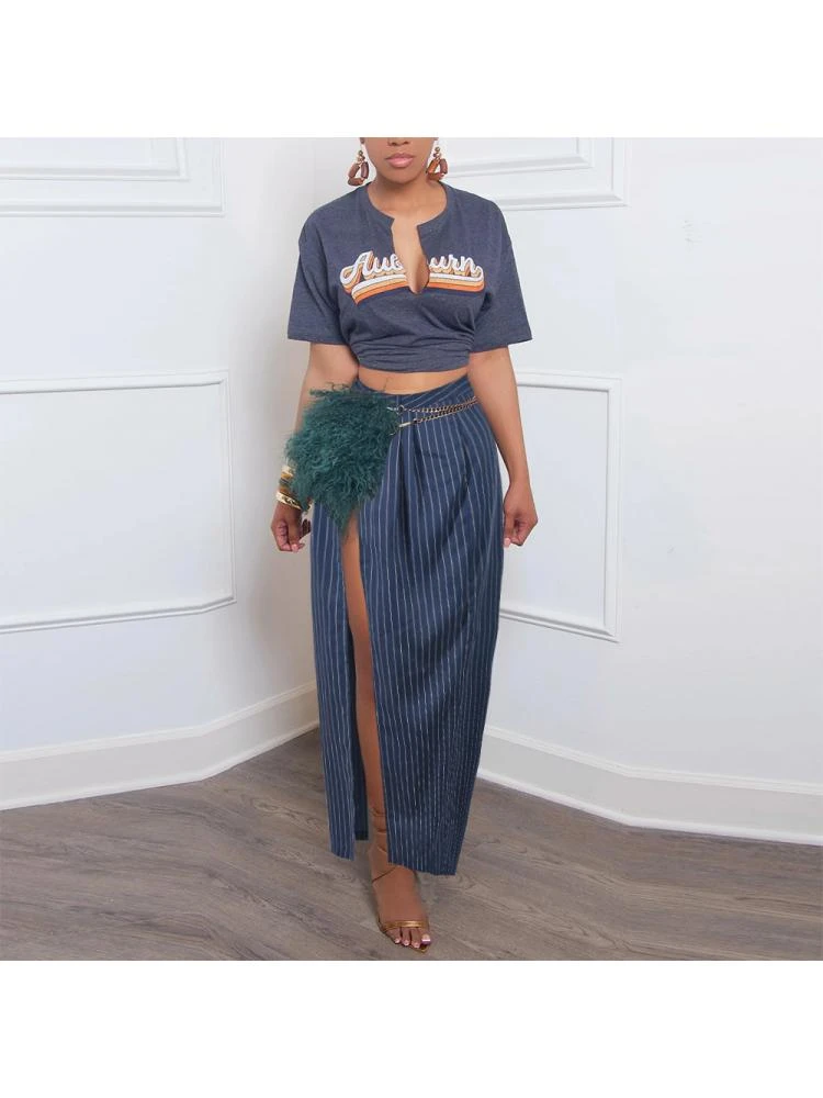 Woven Striped Split Hem Skirts - Image 3