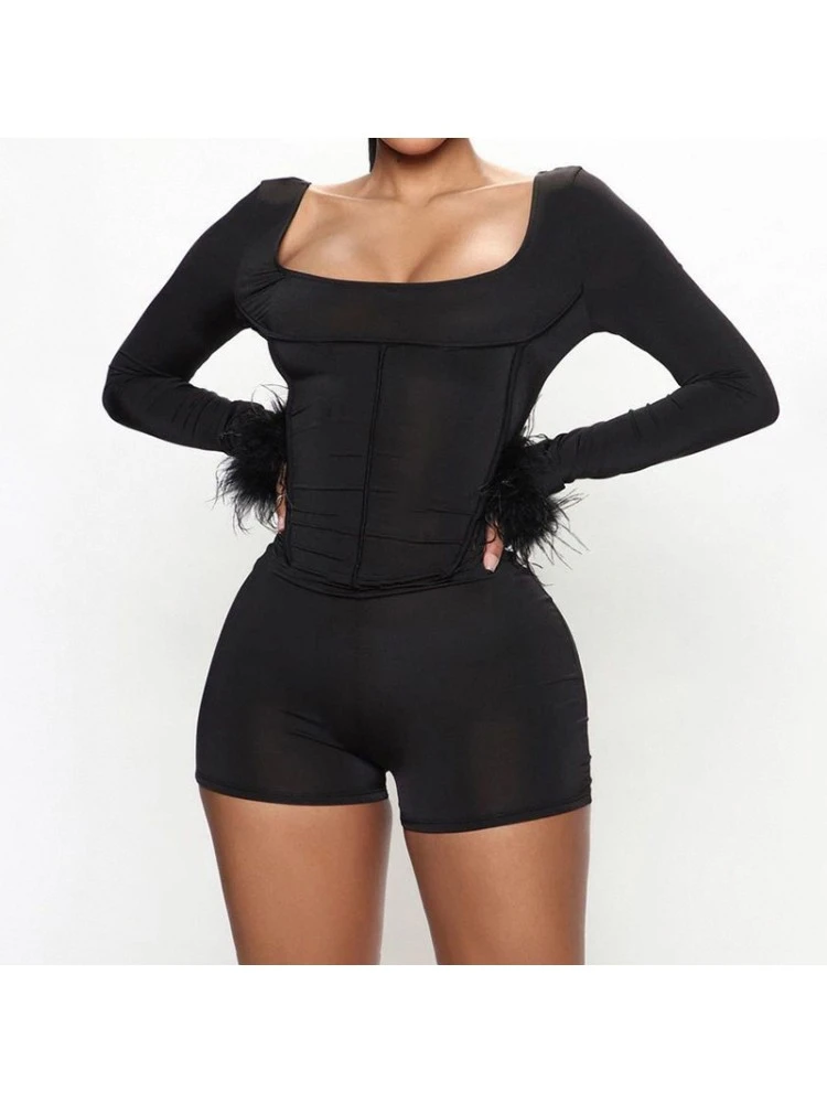 Patchwork Square Neck Backless Rompers