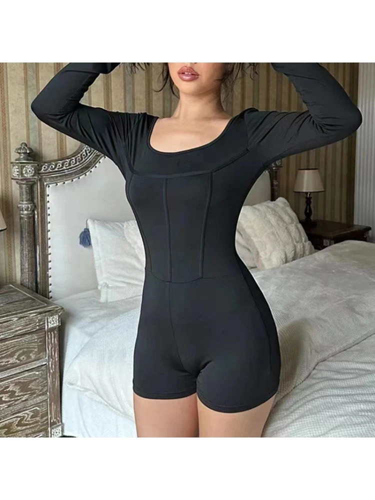 Patchwork Square Neck Backless Rompers - Image 4