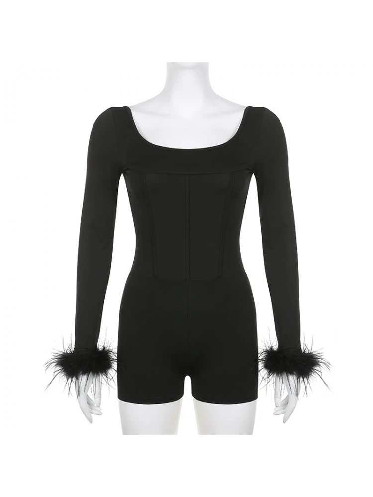 Patchwork Square Neck Backless Rompers - Image 11