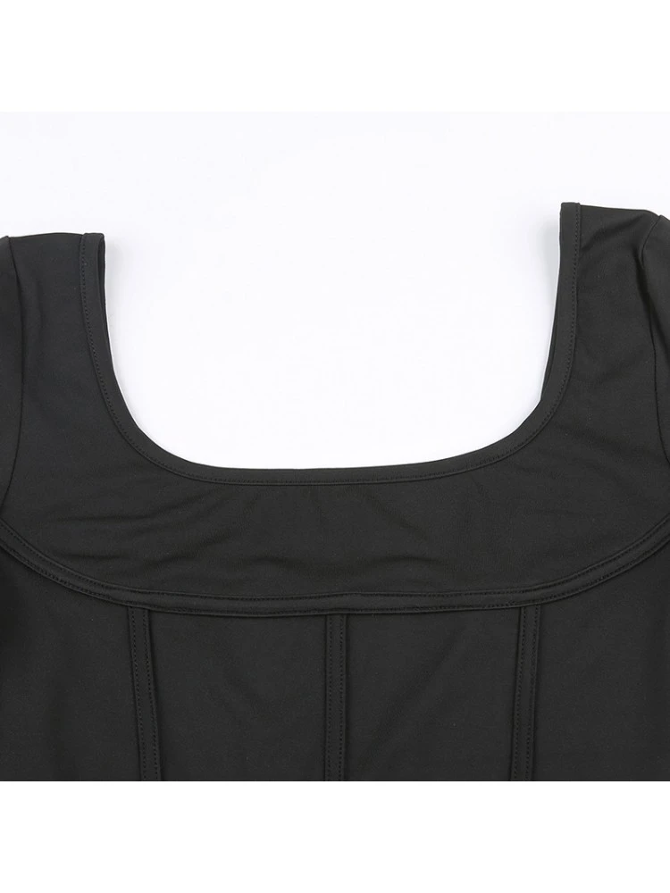 Patchwork Square Neck Backless Rompers - Image 17