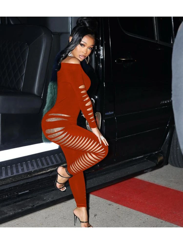 Hollow-out Off Shoulder Fitted Jumpsuits