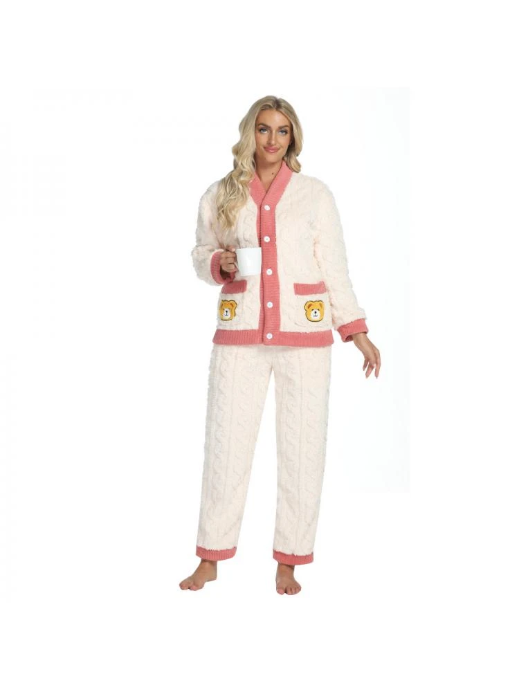 Colorblock Long Sleeve Single Breasted Cardigan Pajamas Sets - Image 2