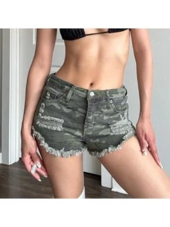 Camouflage Ripped Raged Hem Low Rise Denim Shorts