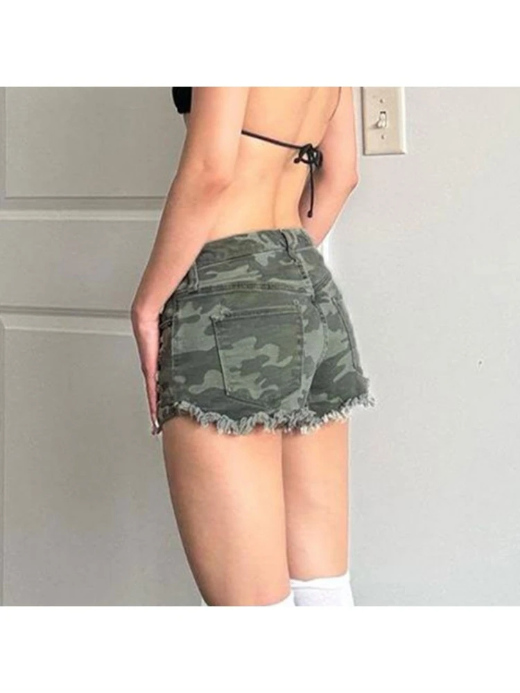 Camouflage Ripped Raged Hem Low Rise Denim Shorts - Image 10