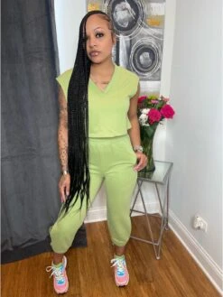 Solid Loose V Neck Tank Pant Sets