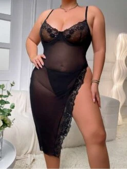 Plus Size See Through Spaghetti Straps Lace Sexual Dress