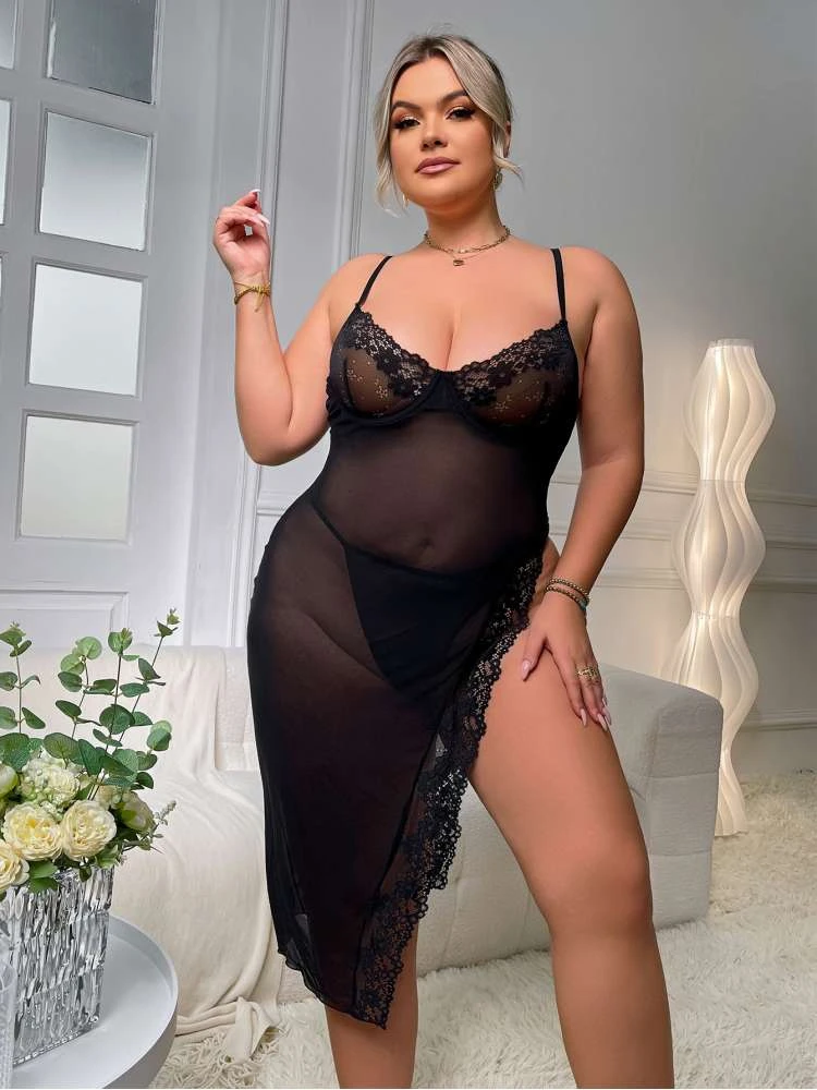 Plus Size See Through Spaghetti Straps Lace Sexual Dress - Image 2