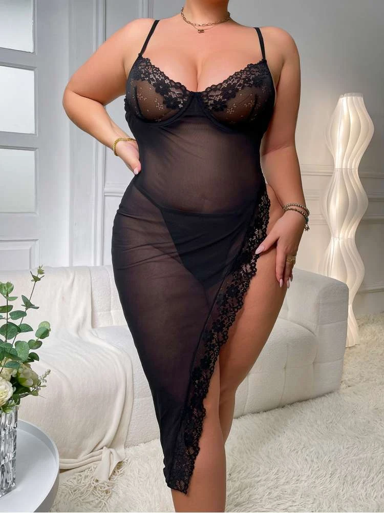 Plus Size See Through Spaghetti Straps Lace Sexual Dress - Image 3