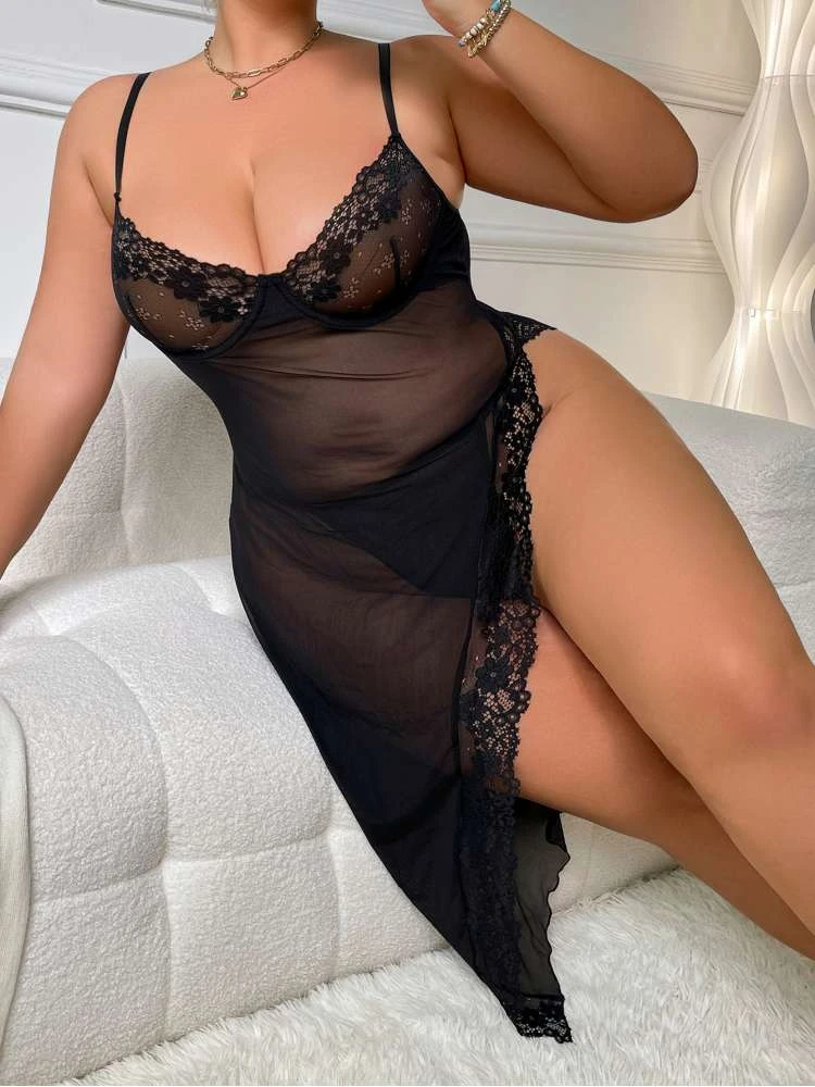 Plus Size See Through Spaghetti Straps Lace Sexual Dress - Image 4
