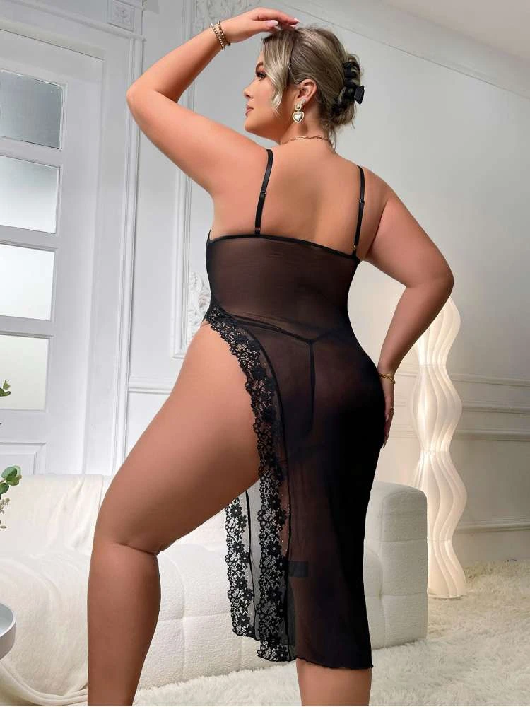 Plus Size See Through Spaghetti Straps Lace Sexual Dress - Image 6