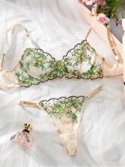 Flower Embroidery Perspective Bra Sets