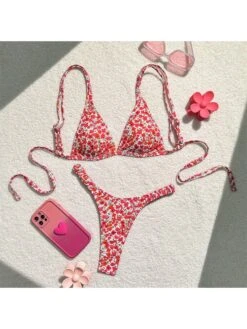 Disty Floral Printing Spaghetti Straps Backless Bikinis