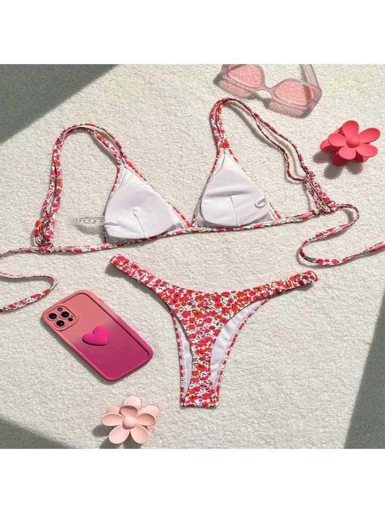 Disty Floral Printing Spaghetti Straps Backless Bikinis - Image 7