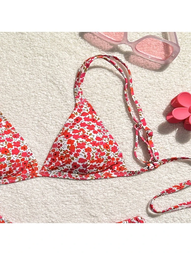 Disty Floral Printing Spaghetti Straps Backless Bikinis - Image 8