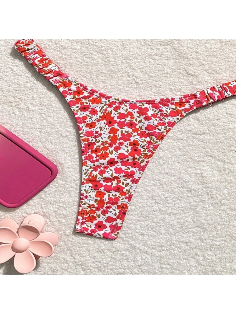 Disty Floral Printing Spaghetti Straps Backless Bikinis - Image 9