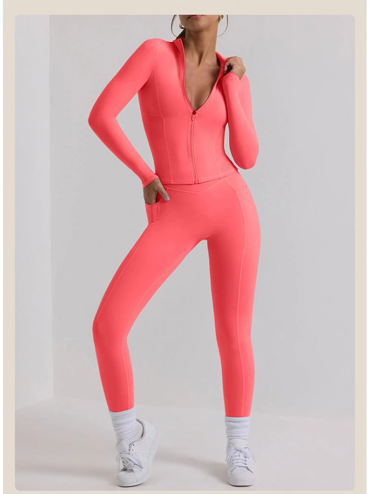 Solid Color High Rise Zipper Skinny Yoga Sets