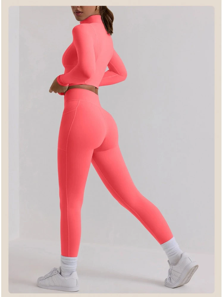Solid Color High Rise Zipper Skinny Yoga Sets - Image 2