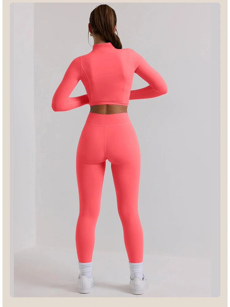 Solid Color High Rise Zipper Skinny Yoga Sets - Image 3