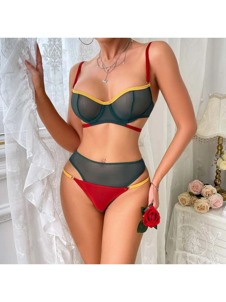 Contrast Color Patchwork Bra Sets - Image 4