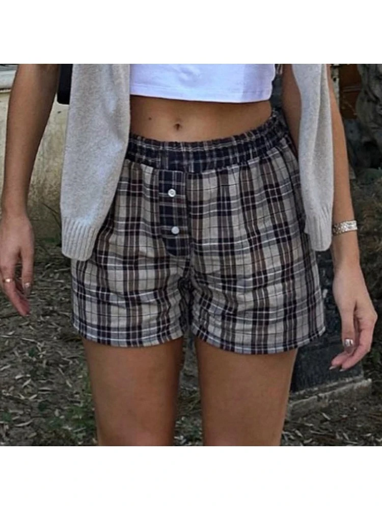 Colorblock Plaid Low Rise Loose Shorts