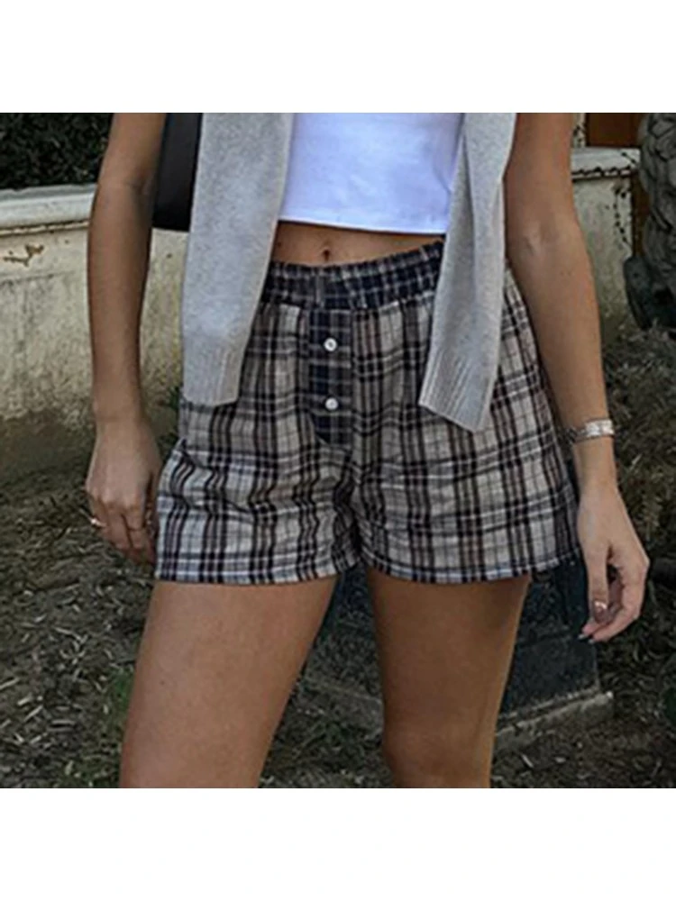 Colorblock Plaid Low Rise Loose Shorts - Image 2