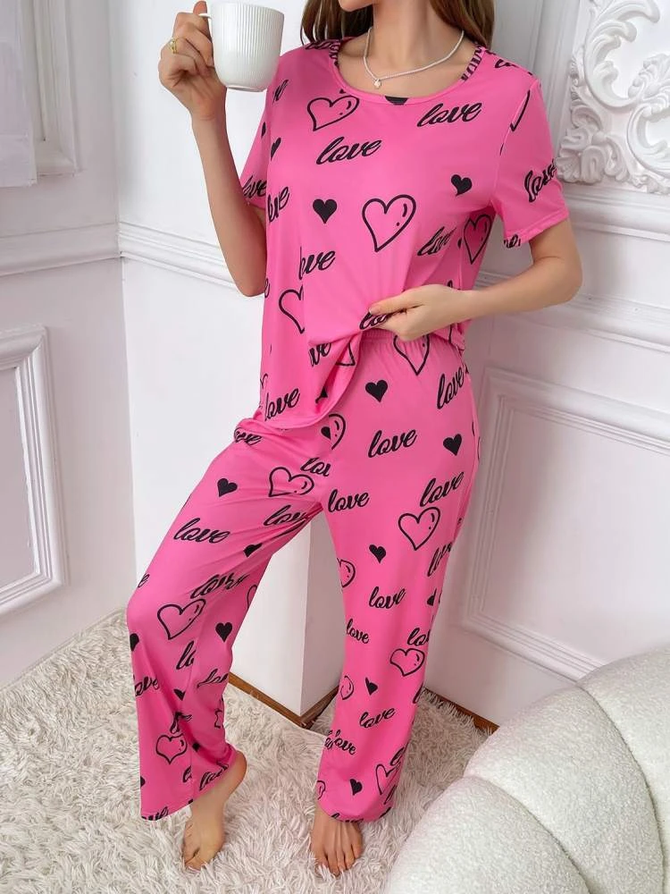 Heart Crewneck Short Sleeve Pajamas Pants Sets