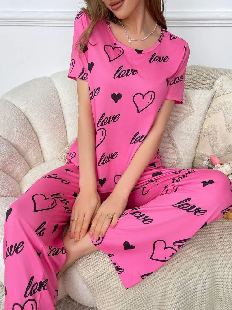 Heart Crewneck Short Sleeve Pajamas Pants Sets - Image 3