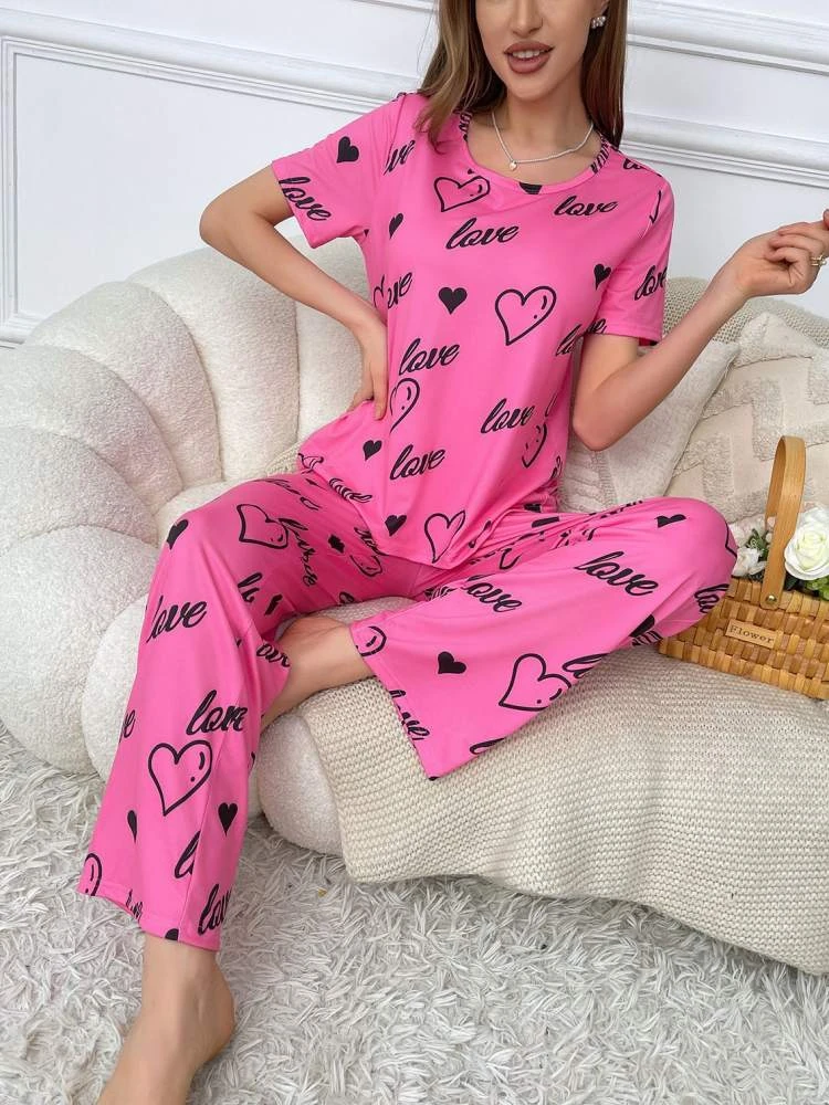 Heart Crewneck Short Sleeve Pajamas Pants Sets - Image 4