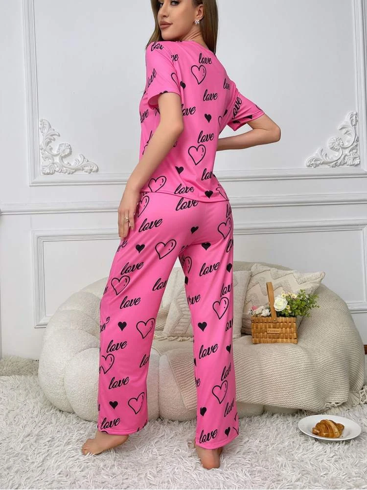 Heart Crewneck Short Sleeve Pajamas Pants Sets - Image 5
