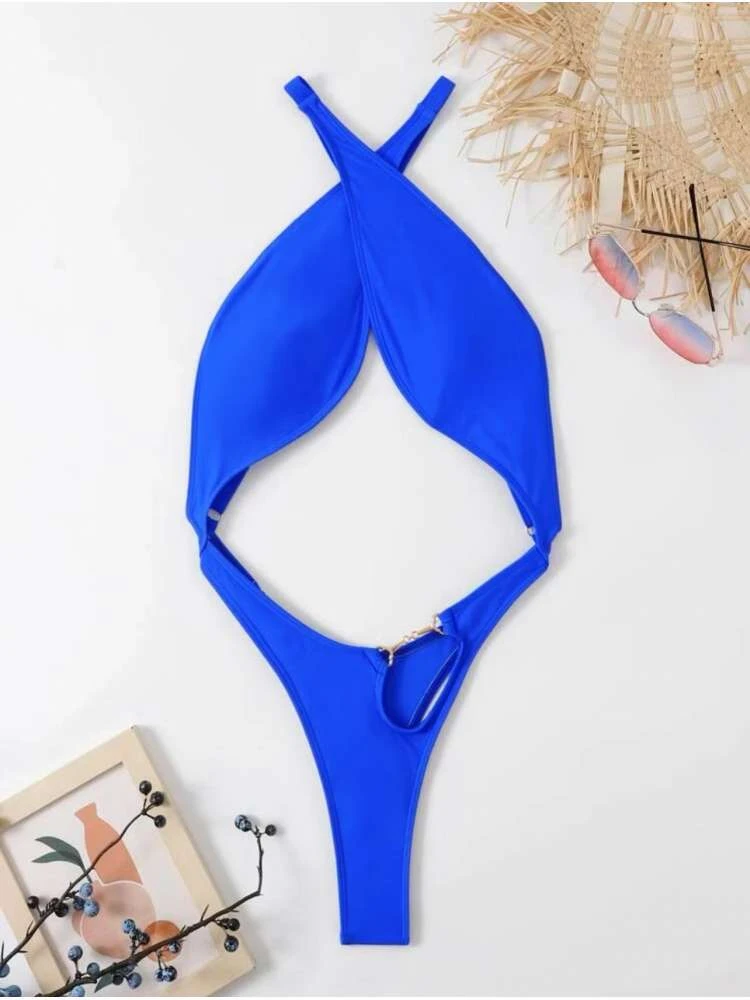 Solid Color Hollow-out Backless Wrap One-Pieces - Image 3