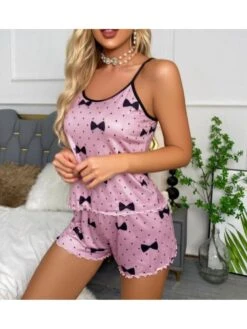 Bow Dots Printed Pajamas Tank Short Sets