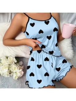 Heart Print Lacework Pajamas Sets