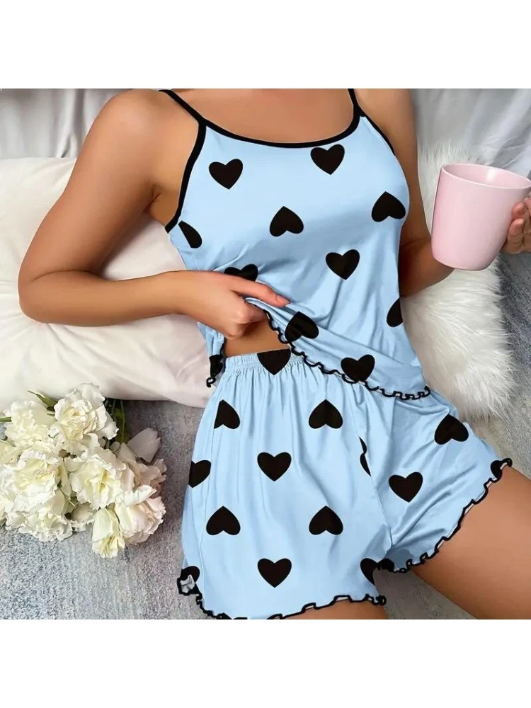 Heart Print Lacework Pajamas Sets