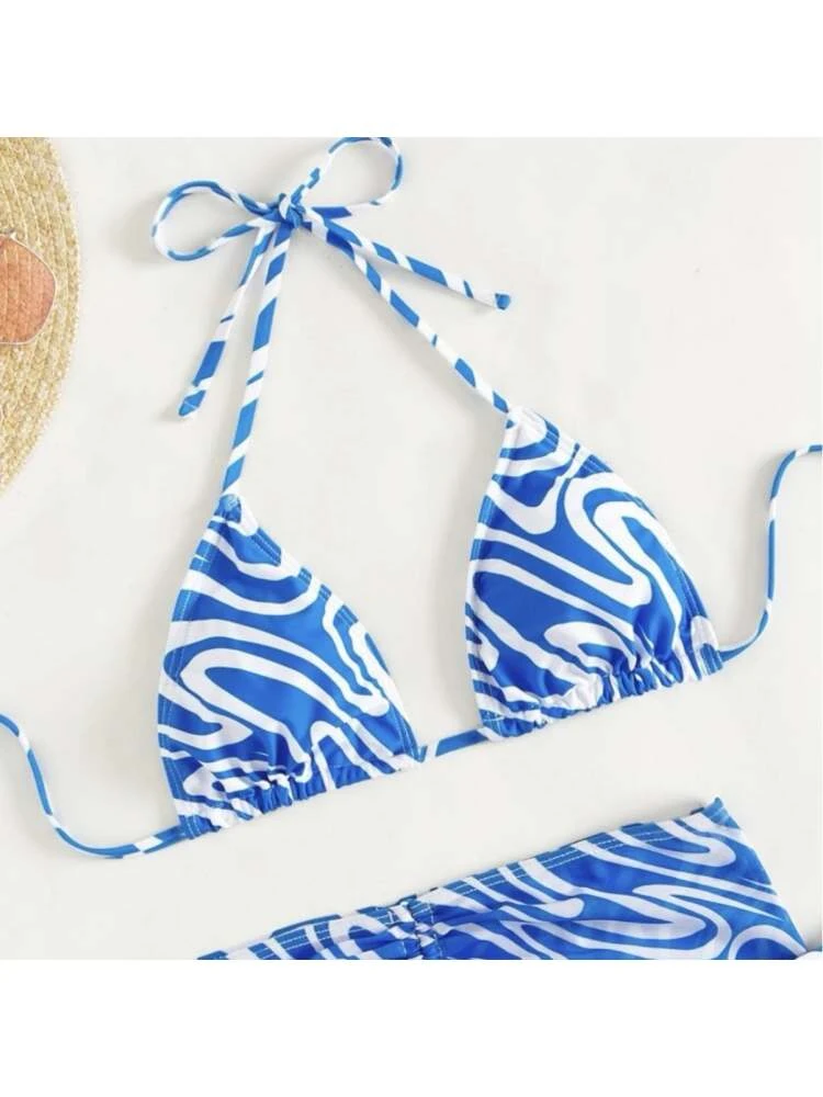 Halter Ruched Lace-Up Bikinis - Image 11